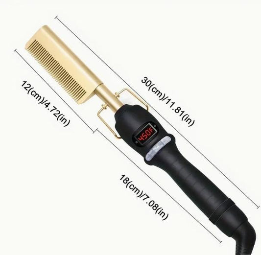 【wavy chic】Professional Hot Comb High Heat Ceramic Hair Press Comb For Thick Hair Multifunctional Copper Hair Straightener - Gold