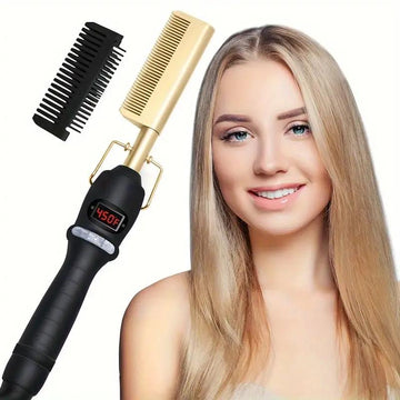 【wavy chic】Professional Hot Comb High Heat Ceramic Hair Press Comb For Thick Hair Multifunctional Copper Hair Straightener - Gold