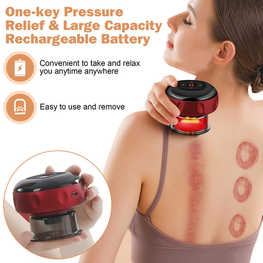 【wavy chic】Multi-functional Smart Cupping Massager, Smart Dynamic Cupping Device, Red Light Hot Compress, Gua Sha Massage Tool Type C Charging Massager Portable Electric Cupping Kit with 12 Level Temperature and Suction for Relief Muscle